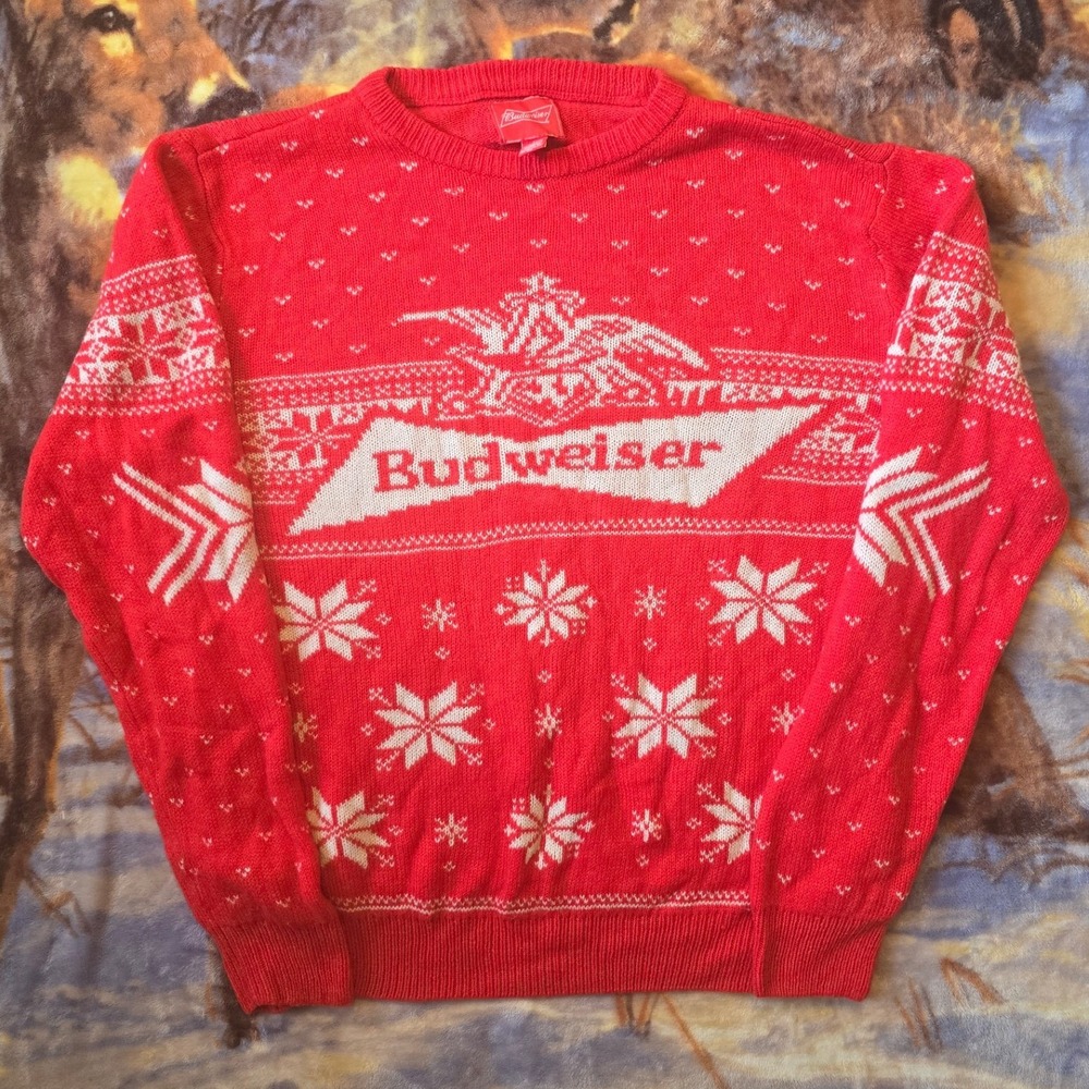 Budweiser AOP Lightweight Red Knit Vintage Christmas Beer Sweater sz Large